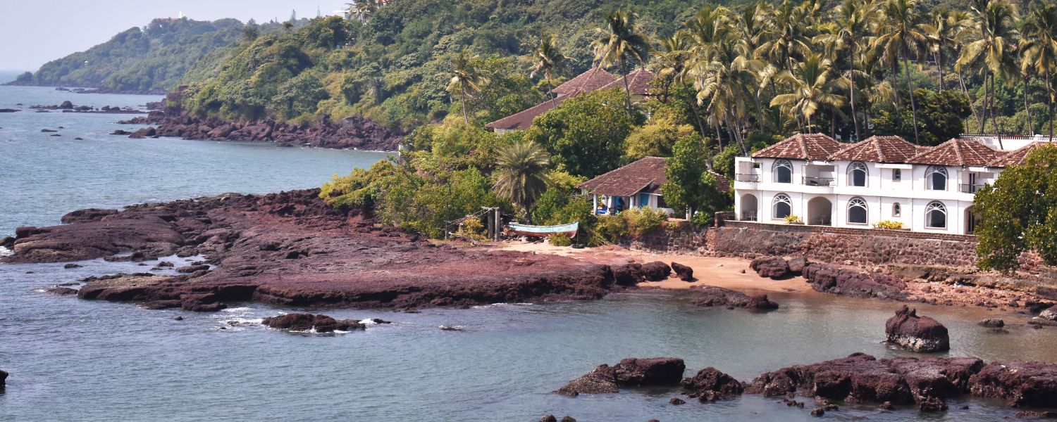 Scenic View of Dona Paula Beach with Azure Waters and Palm Trees