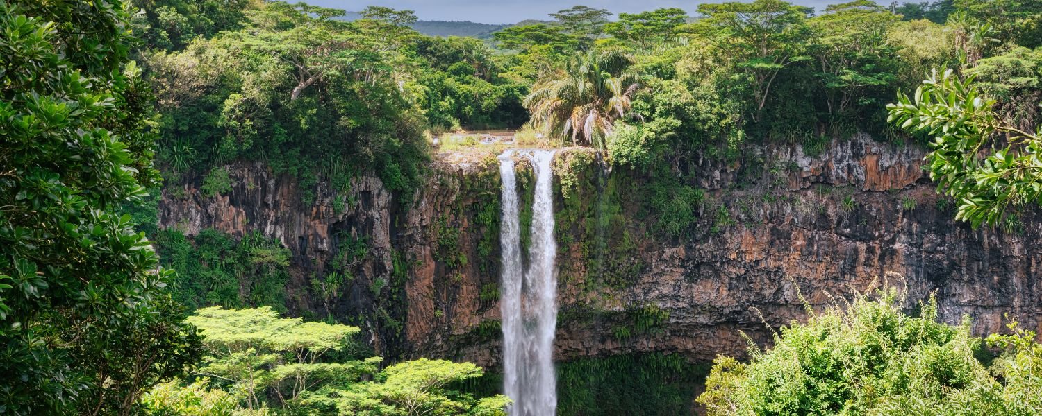 Captivating aerial view of Telhar Waterfall cascading down a lush green cliff surrounded by vibrant flora and glistening water pools