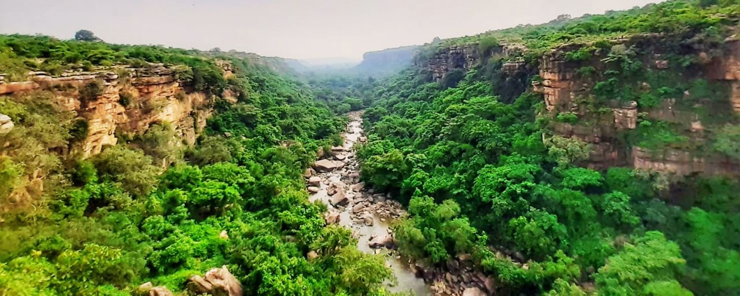 A breathtaking aerial view of the majestic Kaimur Hills, showcasing their lush green slopes, towering peaks, and captivating natural beauty.